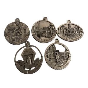 COUNTRY WOMAN SEASONS GREETINGS PEWTER ORNAMENT LOT/SET OF 5 CHRISTMAS 00’ Vtg